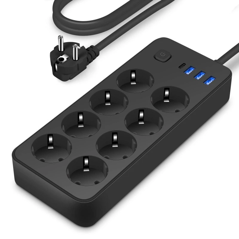 EU Standard Power Strip 8 AC med 4 USB-portar